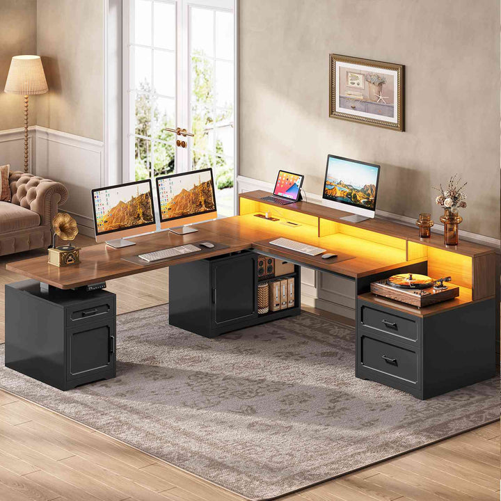 SEDETA | 76.8 Inch Farmhouse Electric Standing Desk with 2 Drawers Led Lights L Shaped Office Desk with Storage Cabinet Power Outlet Monitor Stand