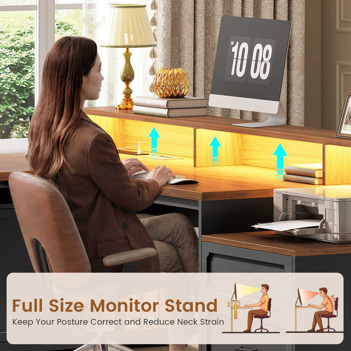 SEDETA | 76.8 Inch Farmhouse Electric Standing Desk with 2 Drawers Led Lights L Shaped Office Desk with Storage Cabinet Power Outlet Monitor Stand