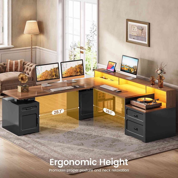 SEDETA | 76.8 Inch Farmhouse Electric Standing Desk with 2 Drawers Led Lights L Shaped Office Desk with Storage Cabinet Power Outlet Monitor Stand