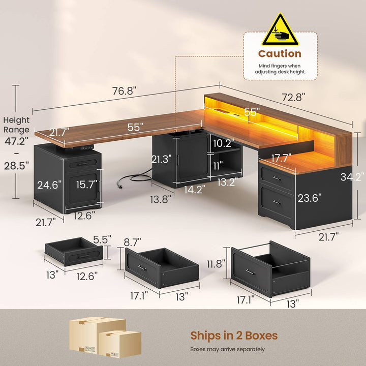 SEDETA | 76.8 Inch Farmhouse Electric Standing Desk with 2 Drawers Led Lights L Shaped Office Desk with Storage Cabinet Power Outlet Monitor Stand