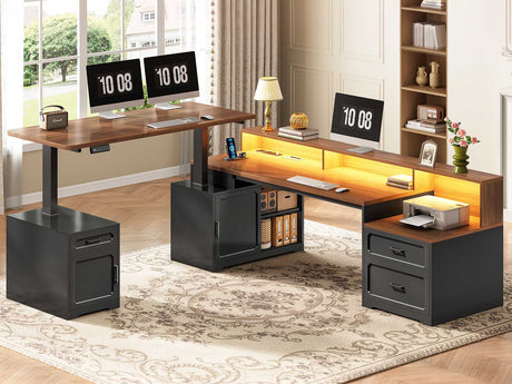 SEDETA 76.8 Inch Farmhouse L Shaped Standing Electric Desk with Storage Led Lights Office Desk with 2 Drawers Storage Cabinet Power Outlet Monitor Stand for Home Office