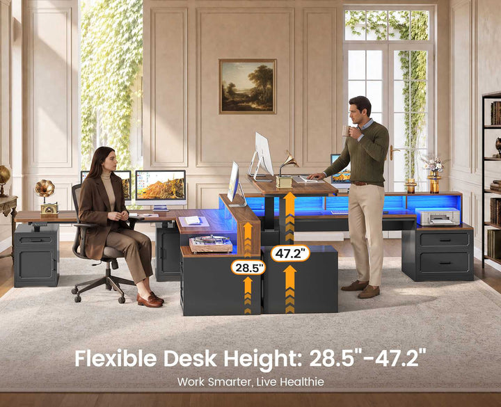SEDETA | 76.8 Inch Farmhouse Electric Standing Desk with 2 Drawers Led Lights L Shaped Office Desk with Storage Cabinet Power Outlet Monitor Stand