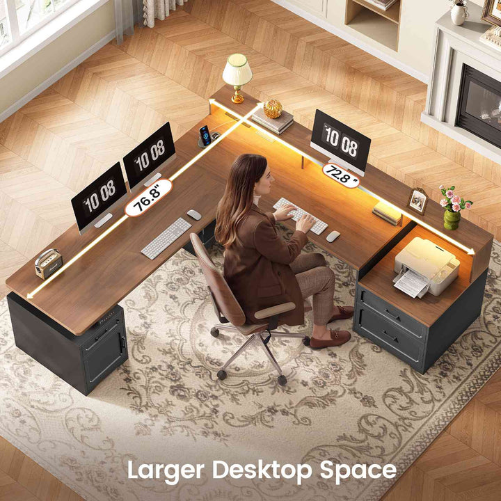 SEDETA | 76.8 Inch Farmhouse Electric Standing Desk with 2 Drawers Led Lights L Shaped Office Desk with Storage Cabinet Power Outlet Monitor Stand