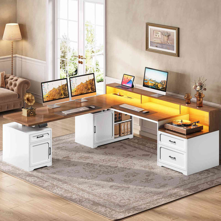 SEDETA | 76.8 Inch Farmhouse Electric Standing Desk with 2 Drawers Led Lights L Shaped Office Desk with Storage Cabinet Power Outlet Monitor Stand