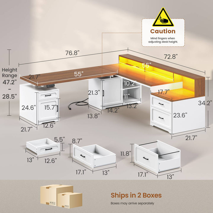 SEDETA | 76.8 Inch Farmhouse Electric Standing Desk with 2 Drawers Led Lights L Shaped Office Desk with Storage Cabinet Power Outlet Monitor Stand