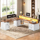 SEDETA | 76.8 Inch Farmhouse Electric Standing Desk with 2 Drawers Led Lights L Shaped Office Desk with Storage Cabinet Power Outlet Monitor Stand