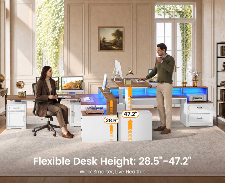 SEDETA | 76.8 Inch Farmhouse Electric Standing Desk with 2 Drawers Led Lights L Shaped Office Desk with Storage Cabinet Power Outlet Monitor Stand