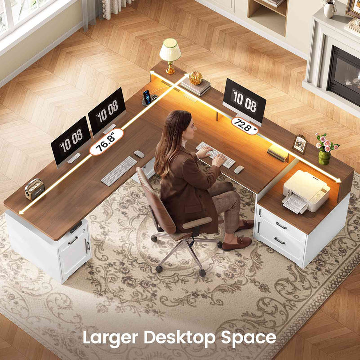 SEDETA | 76.8 Inch Farmhouse Electric Standing Desk with 2 Drawers Led Lights L Shaped Office Desk with Storage Cabinet Power Outlet Monitor Stand