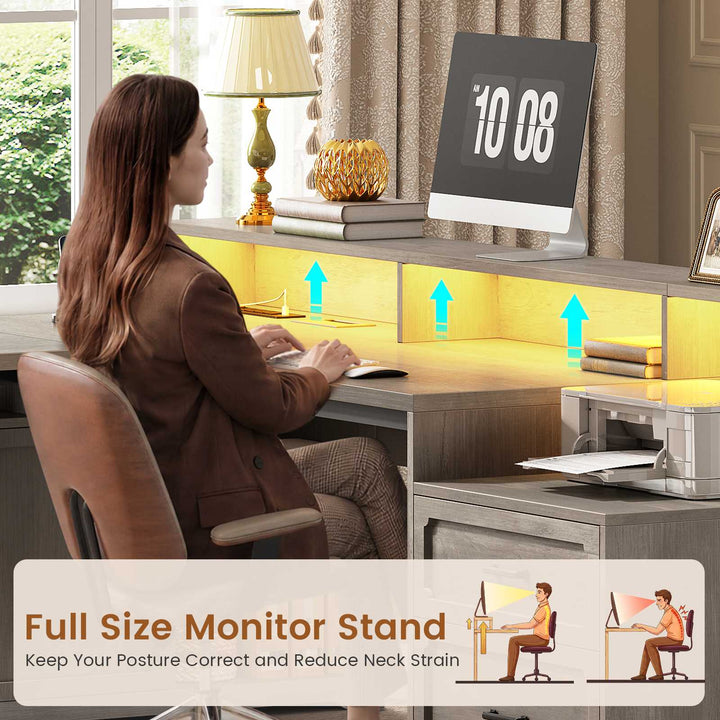 SEDETA | 76.8 Inch Farmhouse Electric Standing Desk with 2 Drawers Led Lights L Shaped Office Desk with Storage Cabinet Power Outlet Monitor Stand