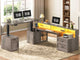 SEDETA | 76.8 Inch Farmhouse Electric Standing Desk with 2 Drawers Led Lights L Shaped Office Desk with Storage Cabinet Power Outlet Monitor Stand