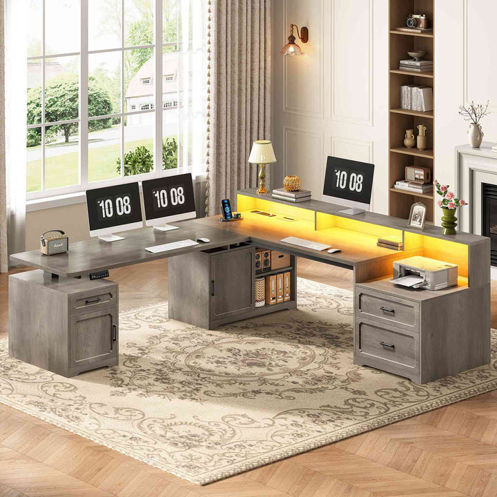SEDETA | 76.8 Inch Farmhouse Electric Standing Desk with 2 Drawers Led Lights L Shaped Office Desk with Storage Cabinet Power Outlet Monitor Stand