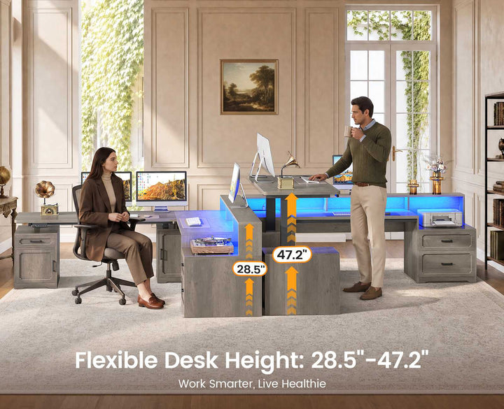 SEDETA | 76.8 Inch Farmhouse Electric Standing Desk with 2 Drawers Led Lights L Shaped Office Desk with Storage Cabinet Power Outlet Monitor Stand