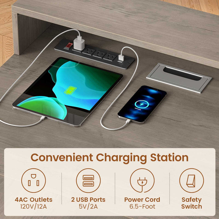 SEDETA | 76.8 Inch Farmhouse Electric Standing Desk with 2 Drawers Led Lights L Shaped Office Desk with Storage Cabinet Power Outlet Monitor Stand