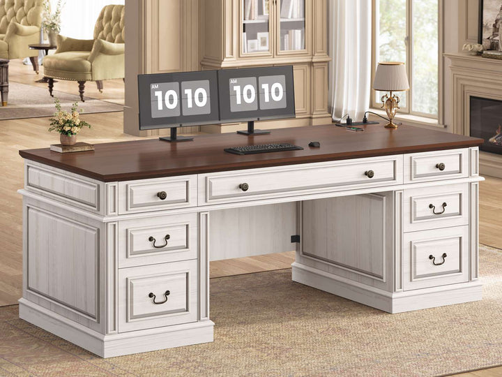 SEDETA 60.6 Inch Executive Desk with 7 Drawers Charging Station Home Office Desk with 2 File Drawers Classic Computer Desk Writing Study Desk with Storage