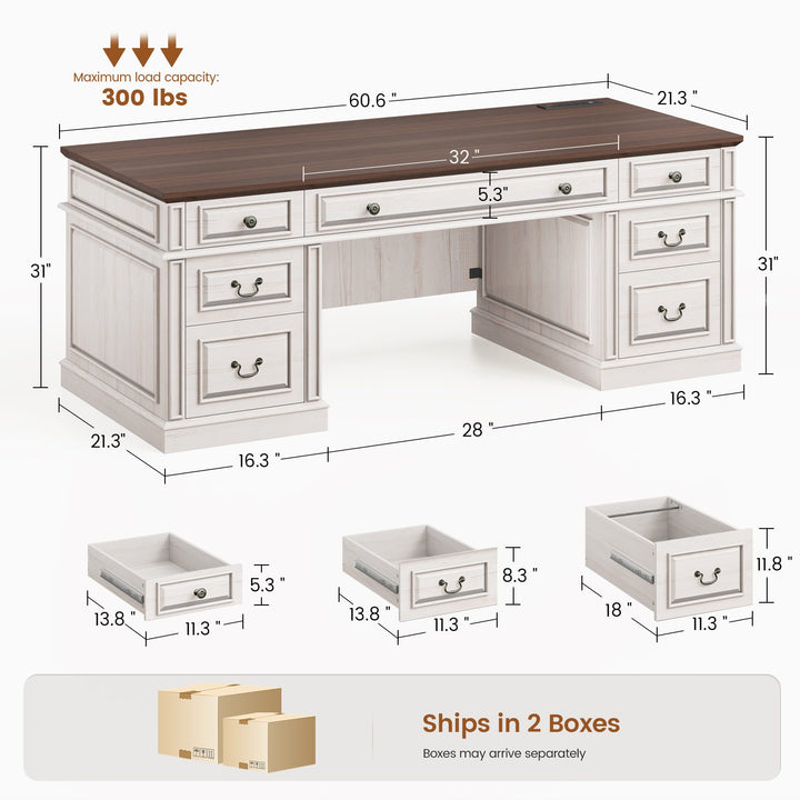 SEDETA 60.6 Inch Executive Desk with 7 Drawers Charging Station Home Office Desk with 2 File Drawers Classic Computer Desk Writing Study Desk with Storage