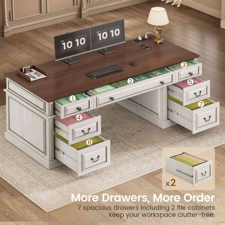 SEDETA 60.6 Inch Executive Desk with 7 Drawers Charging Station Home Office Desk with 2 File Drawers Classic Computer Desk Writing Study Desk with Storage
