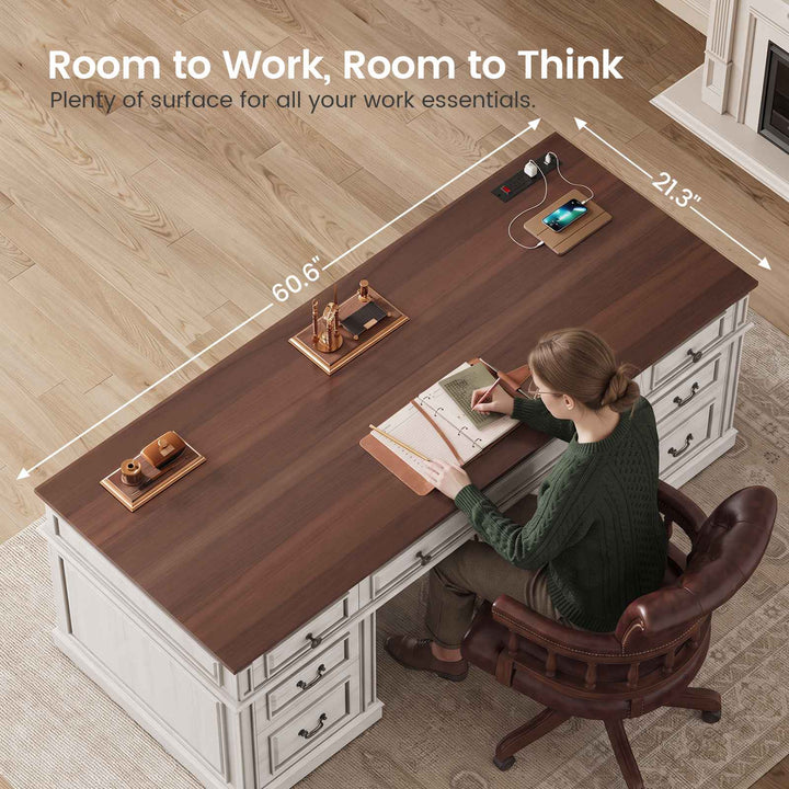 SEDETA 60.6 Inch Executive Desk with 7 Drawers Charging Station Home Office Desk with 2 File Drawers Classic Computer Desk Writing Study Desk with Storage