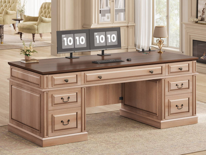 SEDETA 60.6 Inch Executive Desk with 7 Drawers Charging Station Home Office Desk with 2 File Drawers Classic Computer Desk Writing Study Desk with Storage