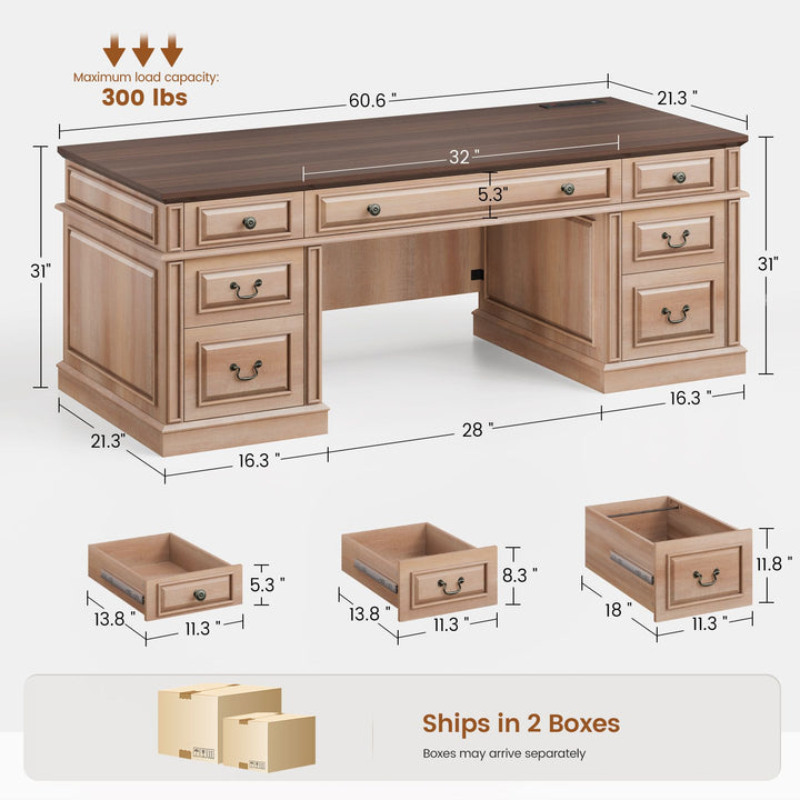 SEDETA 60.6 Inch Executive Desk with 7 Drawers Charging Station Home Office Desk with 2 File Drawers Classic Computer Desk Writing Study Desk with Storage