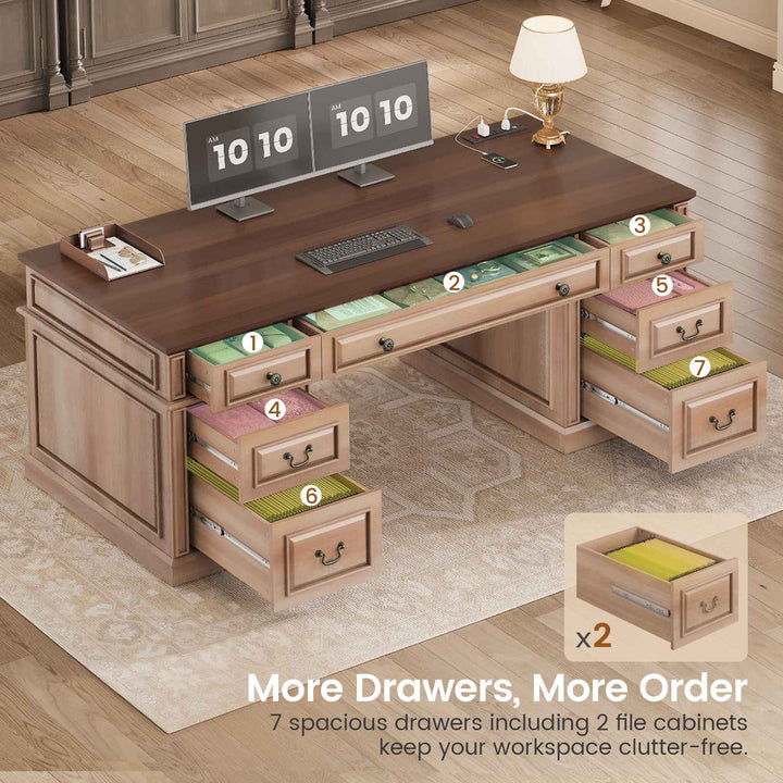 SEDETA 60.6 Inch Executive Desk with 7 Drawers Charging Station Home Office Desk with 2 File Drawers Classic Computer Desk Writing Study Desk with Storage