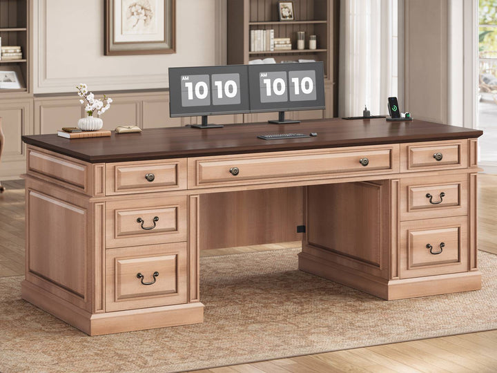 SEDETA 60.6 Inch Executive Desk with 7 Drawers Charging Station Home Office Desk with 2 File Drawers Classic Computer Desk Writing Study Desk with Storage