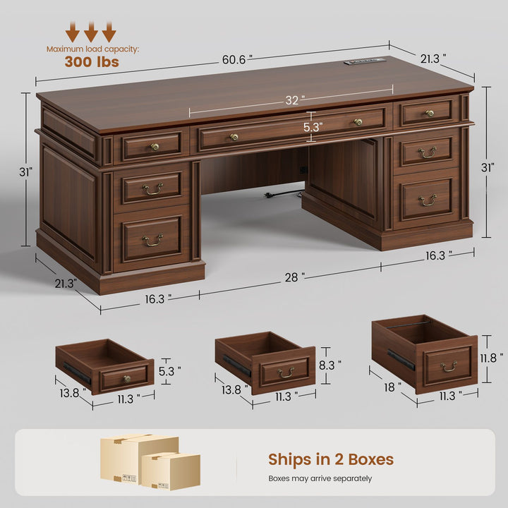 SEDETA 60.6 Inch Executive Desk with 7 Drawers Charging Station Home Office Desk with 2 File Drawers Classic Computer Desk Writing Study Desk with Storage