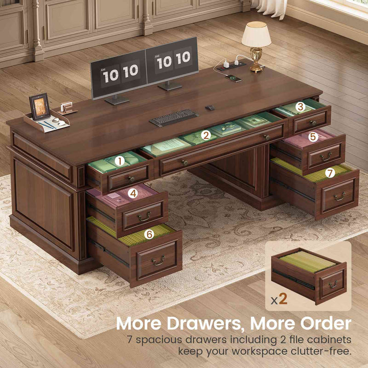 SEDETA 60.6 Inch Executive Desk with 7 Drawers Charging Station Home Office Desk with 2 File Drawers Classic Computer Desk Writing Study Desk with Storage