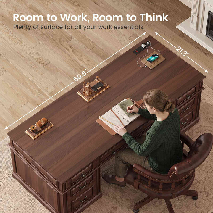 SEDETA 60.6 Inch Executive Desk with 7 Drawers Charging Station Home Office Desk with 2 File Drawers Classic Computer Desk Writing Study Desk with Storage