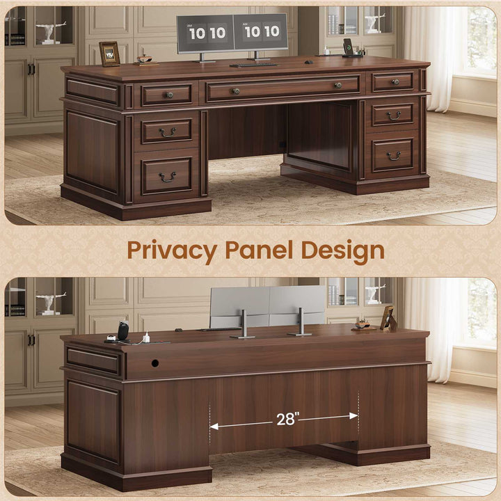 SEDETA 60.6 Inch Executive Desk with 7 Drawers Charging Station Home Office Desk with 2 File Drawers Classic Computer Desk Writing Study Desk with Storage