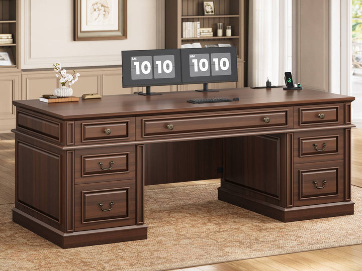 SEDETA 60.6 Inch Executive Desk with 7 Drawers Charging Station Home Office Desk with 2 File Drawers Classic Computer Desk Writing Study Desk with Storage