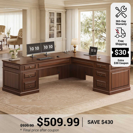 SEDETA 68.5 Inch L Shaped Executive Desk with 6 Drawers Charging Station Home Office Desk with 2 File Drawers Classic L-Shape Computer Corner Desk Writing Study Desk with Storage