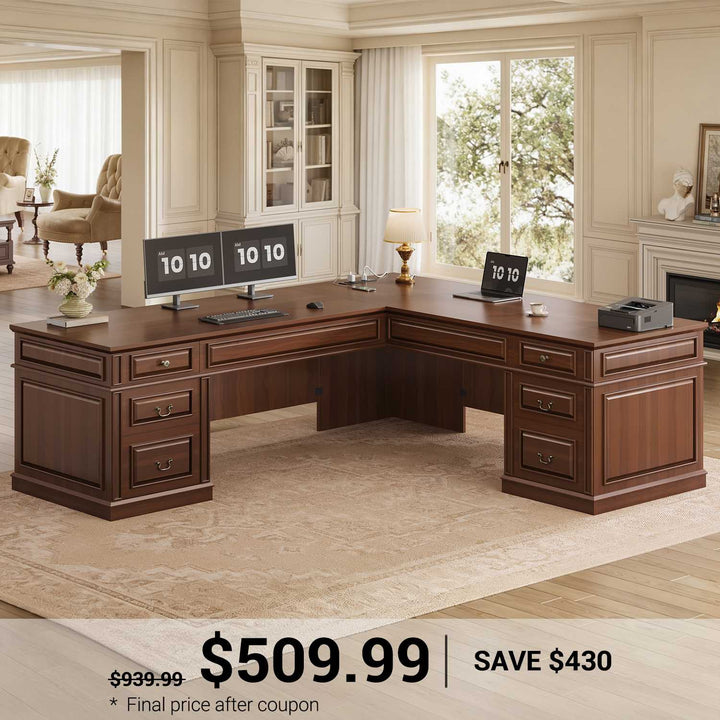 SEDETA 68.5 Inch L Shaped Executive Desk with 6 Drawers Charging Station Home Office Desk with 2 File Drawers Classic L-Shape Computer Corner Desk Writing Study Desk with Storage