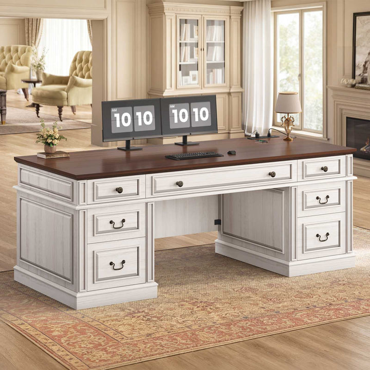 SEDETA 60.6 Inch Executive Desk with 7 Drawers Charging Station Home Office Desk with 2 File Drawers Classic Computer Desk Writing Study Desk with Storage