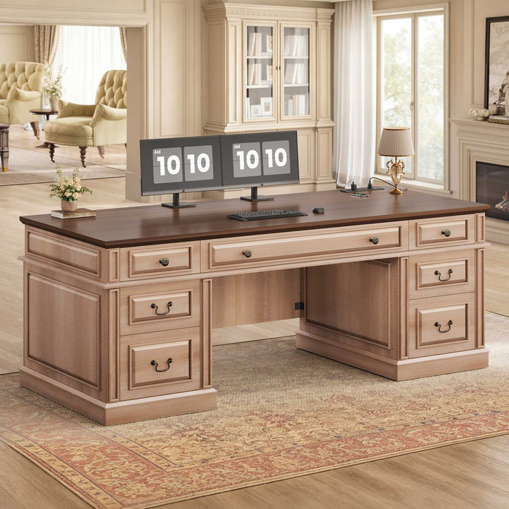 SEDETA 60.6 Inch Executive Desk with 7 Drawers Charging Station Home Office Desk with 2 File Drawers Classic Computer Desk Writing Study Desk with Storage