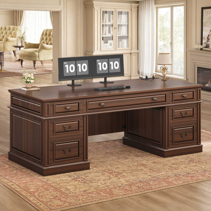SEDETA 60.6 Inch Executive Desk with 7 Drawers Charging Station Home Office Desk with 2 File Drawers Classic Computer Desk Writing Study Desk with Storage