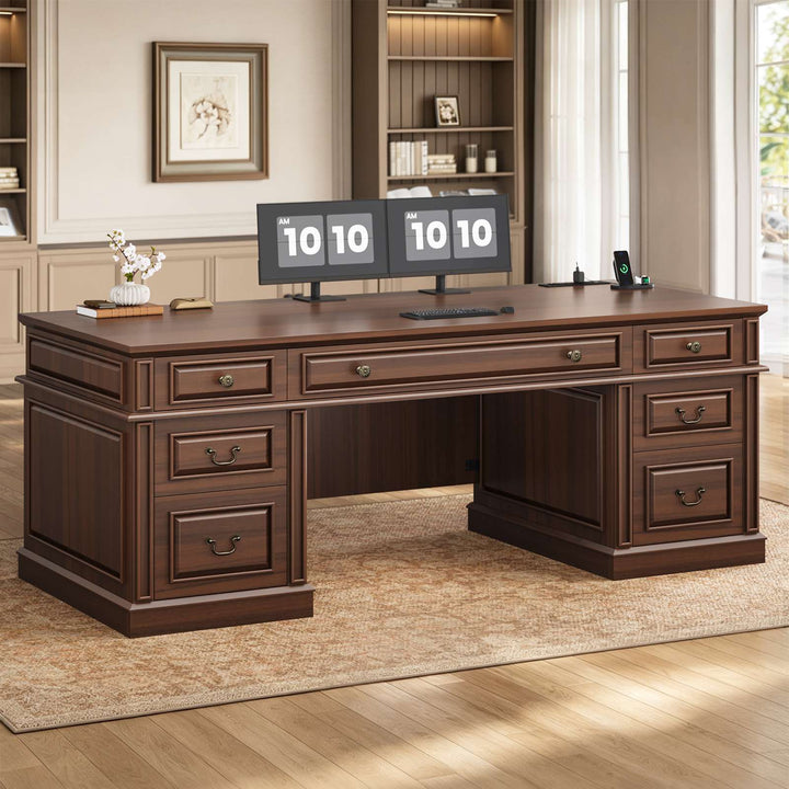 SEDETA 60.6 Inch Executive Desk with 7 Drawers Charging Station Home Office Desk with 2 File Drawers Classic Computer Desk Writing Study Desk with Storage