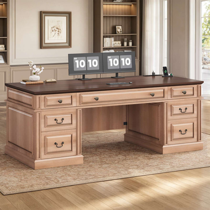 SEDETA 60.6 Inch Executive Desk with 7 Drawers Charging Station Home Office Desk with 2 File Drawers Classic Computer Desk Writing Study Desk with Storage