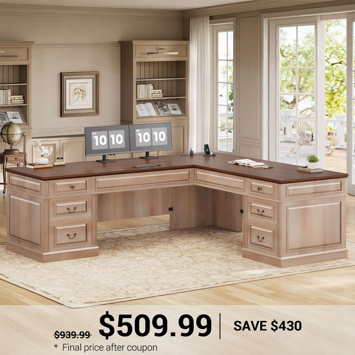 SEDETA 68.5 Inch L Shaped Executive Desk with 6 Drawers Charging Station Home Office Desk with 2 File Drawers Classic L-Shape Computer Corner Desk Writing Study Desk with Storage