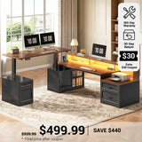 SEDETA 76.8 Inch Farmhouse L Shaped Standing Electric Desk with Storage Led Lights Office Desk with 2 Drawers Storage Cabinet Power Outlet Monitor Stand for Home Office
