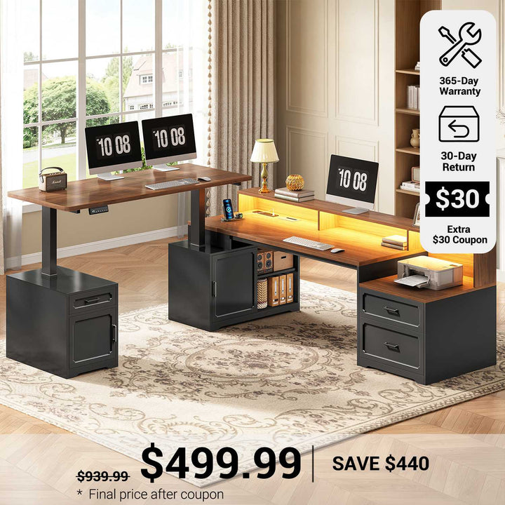 SEDETA 76.8 Inch Farmhouse L Shaped Standing Electric Desk with Storage Led Lights Office Desk with 2 Drawers Storage Cabinet Power Outlet Monitor Stand for Home Office