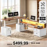 SEDETA 76.8 Inch Farmhouse L Shaped Standing Electric Desk with Storage Led Lights Office Desk with 2 Drawers Storage Cabinet Power Outlet Monitor Stand for Home Office