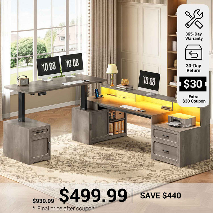 SEDETA 76.8 Inch Farmhouse L Shaped Standing Electric Desk with Storage Led Lights Office Desk with 2 Drawers Storage Cabinet Power Outlet Monitor Stand for Home Office