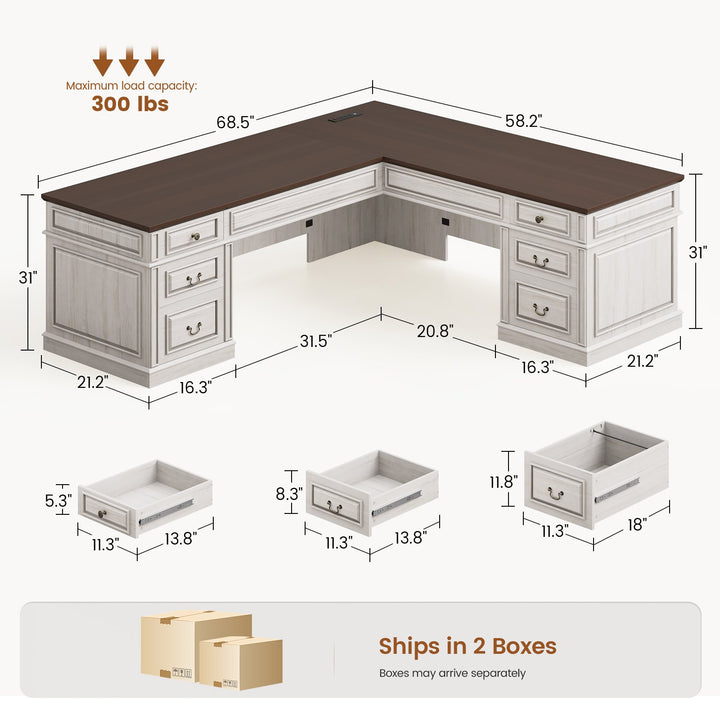 SEDETA | 68.5 Inch L Shaped Computer Desk with 6 Drawers Charging Station Executive Desk with 2 File Drawers Classic L-Shape Home Office Desk Writing Study Desk with Storage