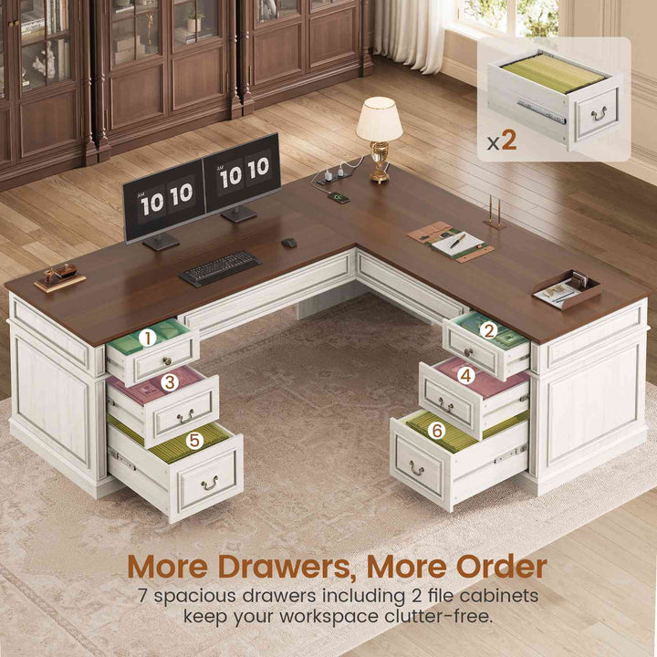 SEDETA | 68.5 Inch L Shaped Computer Desk with 6 Drawers Charging Station Executive Desk with 2 File Drawers Classic L-Shape Home Office Desk Writing Study Desk with Storage