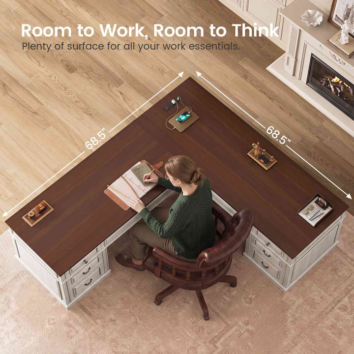 SEDETA | 68.5 Inch L Shaped Computer Desk with 6 Drawers Charging Station Executive Desk with 2 File Drawers Classic L-Shape Home Office Desk Writing Study Desk with Storage