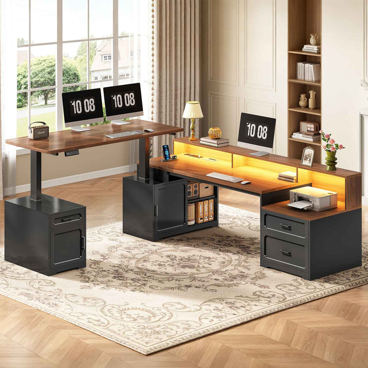 SEDETA 76.8 Inch Farmhouse L Shaped Standing Electric Desk with Storage Led Lights Office Desk with 2 Drawers Storage Cabinet Power Outlet Monitor Stand for Home Office