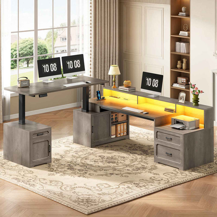 SEDETA 76.8 Inch Farmhouse L Shaped Standing Electric Desk with Storage Led Lights Office Desk with 2 Drawers Storage Cabinet Power Outlet Monitor Stand for Home Office