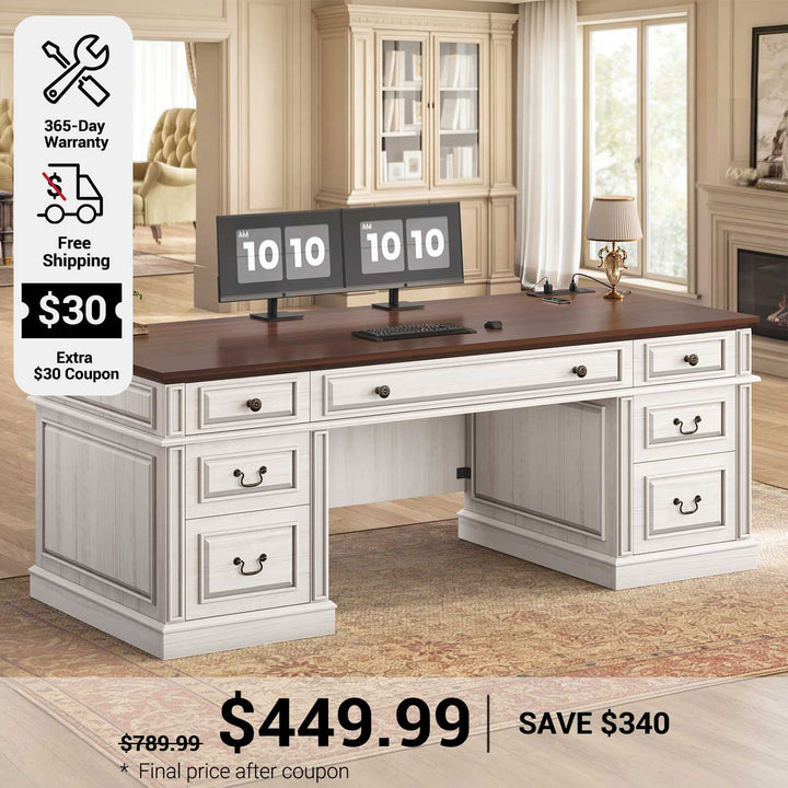 SEDETA 60.6 Inch Executive Desk with 7 Drawers Charging Station Home Office Desk with 2 File Drawers Classic Computer Desk Writing Study Desk with Storage