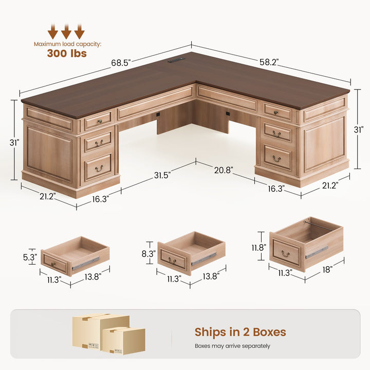 SEDETA | 68.5 Inch L Shaped Computer Desk with 6 Drawers Charging Station Executive Desk with 2 File Drawers Classic L-Shape Home Office Desk Writing Study Desk with Storage