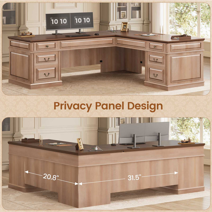 SEDETA | 68.5 Inch L Shaped Computer Desk with 6 Drawers Charging Station Executive Desk with 2 File Drawers Classic L-Shape Home Office Desk Writing Study Desk with Storage